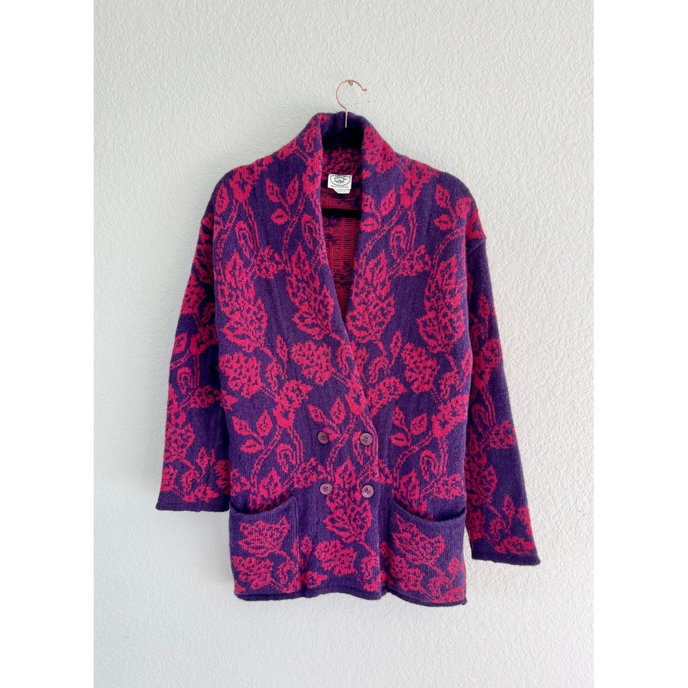 Laura Ashley Vintage Pink Purple Floral Double Breasted Cardigan Small M
